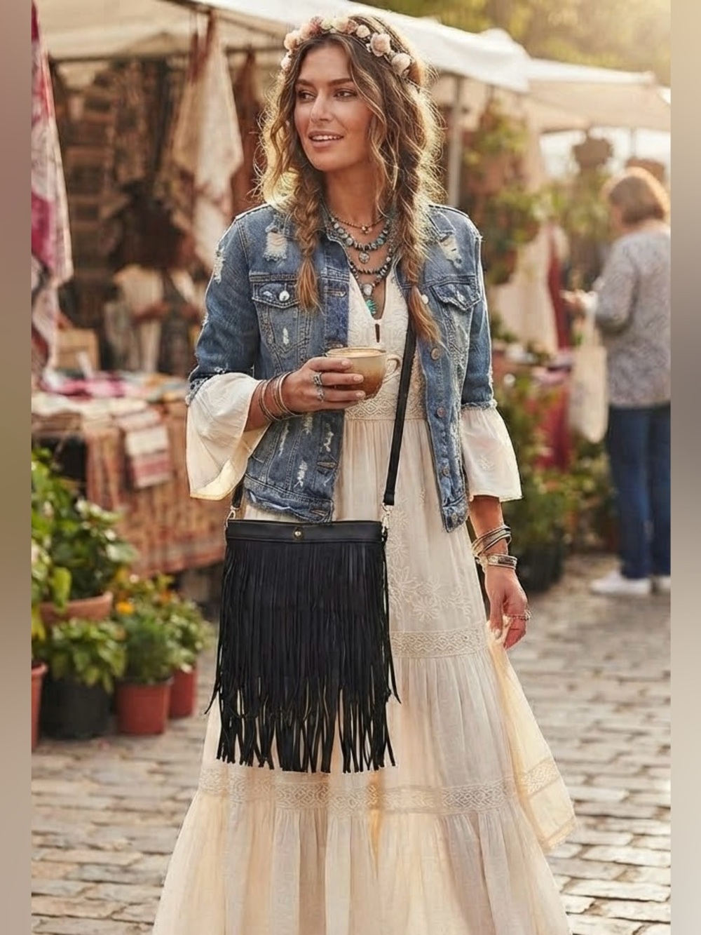 NWOT Black Fringe Western Boho Crossbody Purse Bag 8.5"x10"